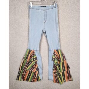 Fashion Express Pants Womens Large Denim Ruffle Bell Bottom Boho Festival Retro